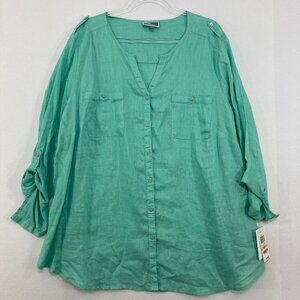 New JM Collection size 24W Green Split Neck Rolled Sleeve Pure Linen Button Down